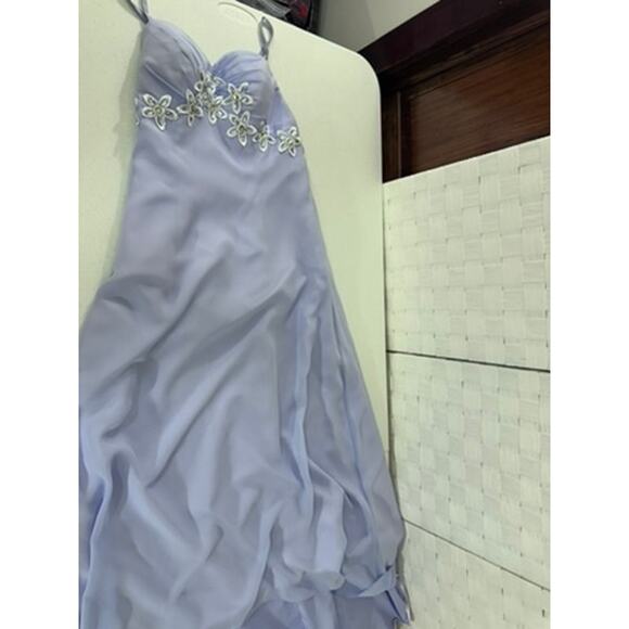 NO Name Elegant Evening Gown Purple Open Back Babydoll Floral Lace Bling Hi- Low - Picture 4 of 12